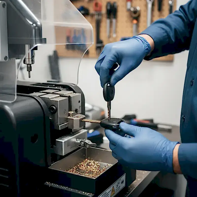 An automotive locksmith wearing blue gloves uses a machine to cut a car key, with metal shavings visible below. Tools hang on a pegboard in the background.