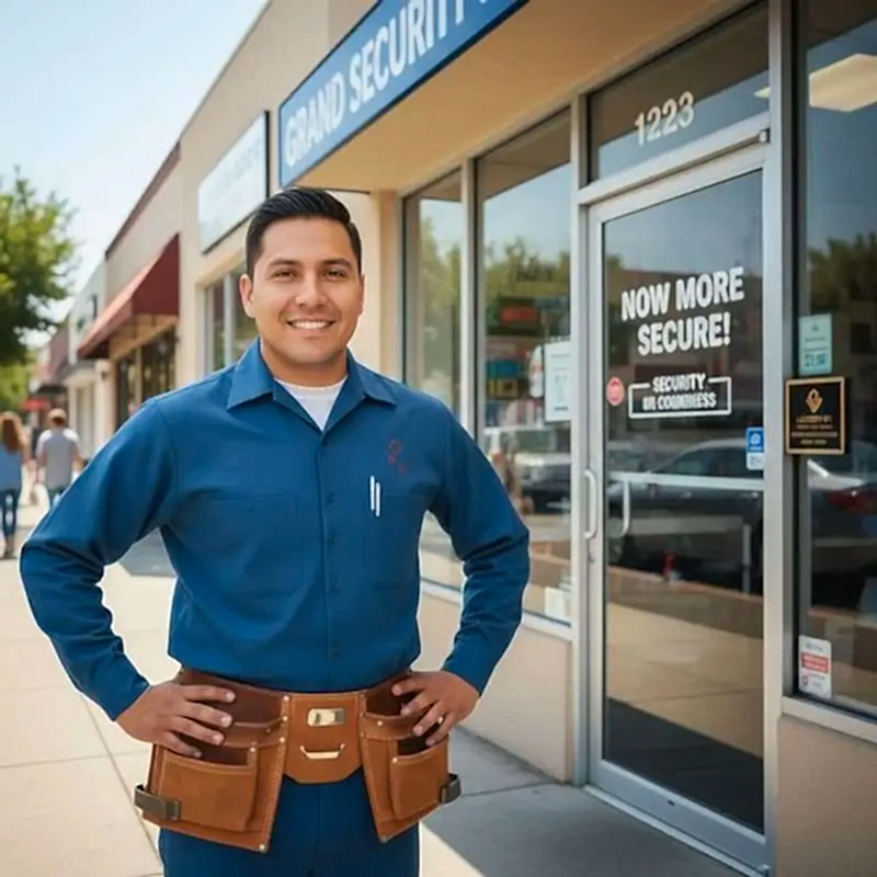 A smiling Commercial Locksmith in a blue uniform and tool belt stands outside a storefront labeled “Grand Security.” The door displays a sign reading “NOW MORE SECURE!” The street is lined with other businesses.