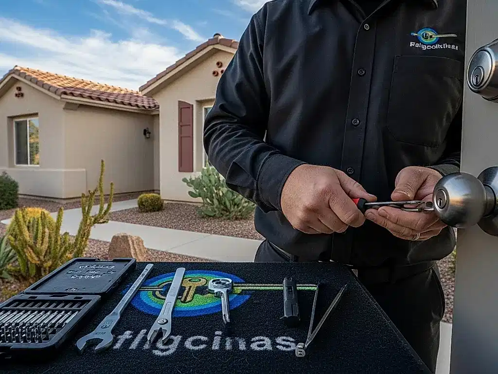 A locksmith in uniform works on a door lock with tools laid out on a mat labeled servicios, outside a suburban house with desert landscaping.