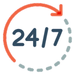 The image shows 24/7 with a red arrow forming a partial circle around the numbers, symbolizing around-the-clock availability or service.