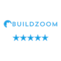 BuildZoom logo in blue text above five blue stars, representing a five-star rating, on a light gray background.
