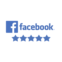 The Facebook logo next to the word facebook above a row of five blue stars, symbolizing a five-star rating.