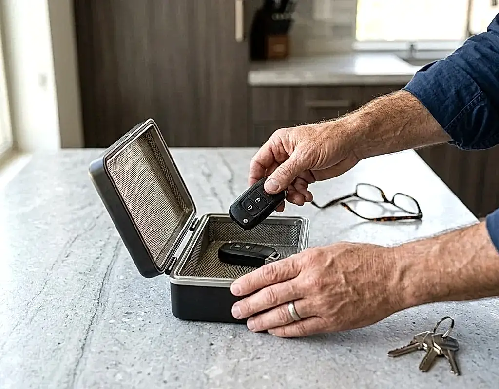 Faraday signal blocking box holding two car key fobs on a kitchen counter