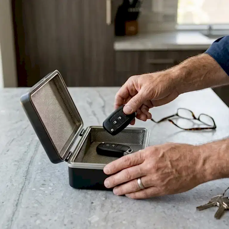 Faraday signal blocking box holding two car key fobs on a kitchen counter