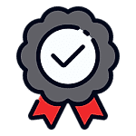 A gray award ribbon with a check mark in the center and two red tails hanging below, symbolizing approval or certification.