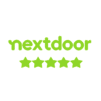 The Nextdoor logo in green text above five green stars, symbolizing a five-star rating, on a plain light background.