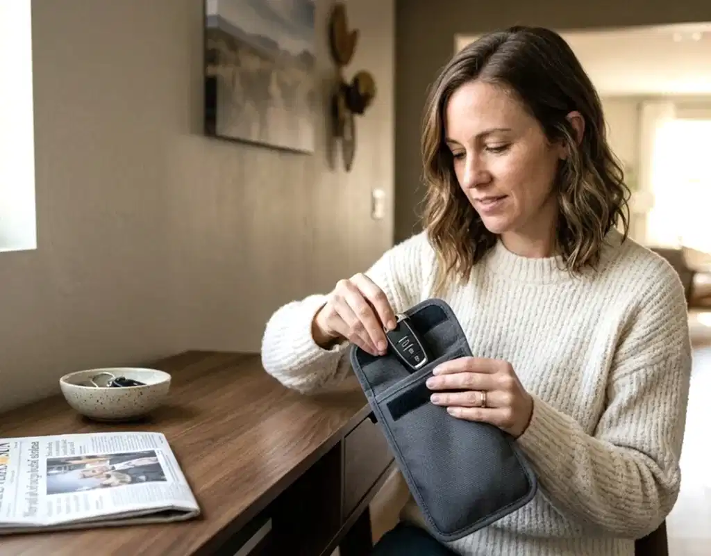 Car key fob stored in a signal blocking pouch to prevent relay attack theft in Las Vegas