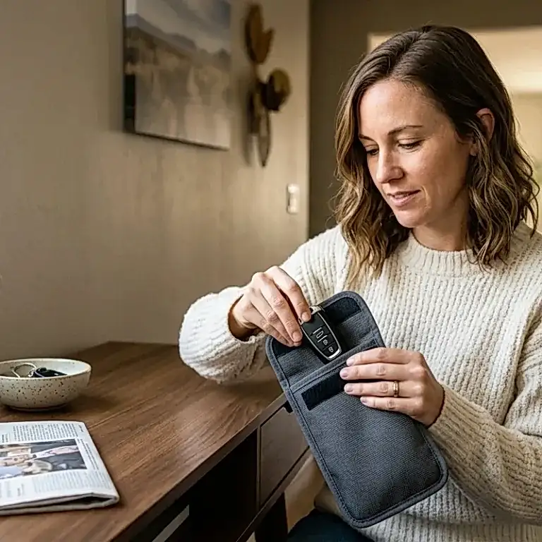 Car key fob stored in a signal blocking pouch to prevent relay attack theft in Las Vegas
