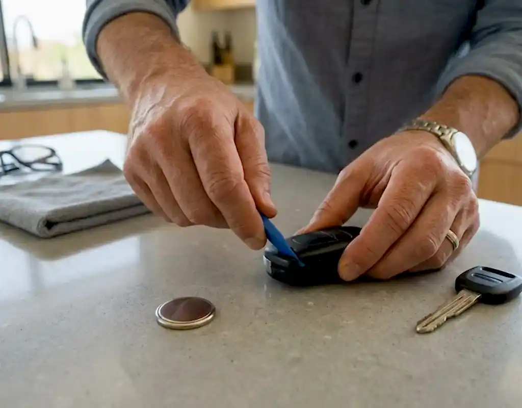 Replacing the coin cell battery inside a car key fob with a plastic trim tool