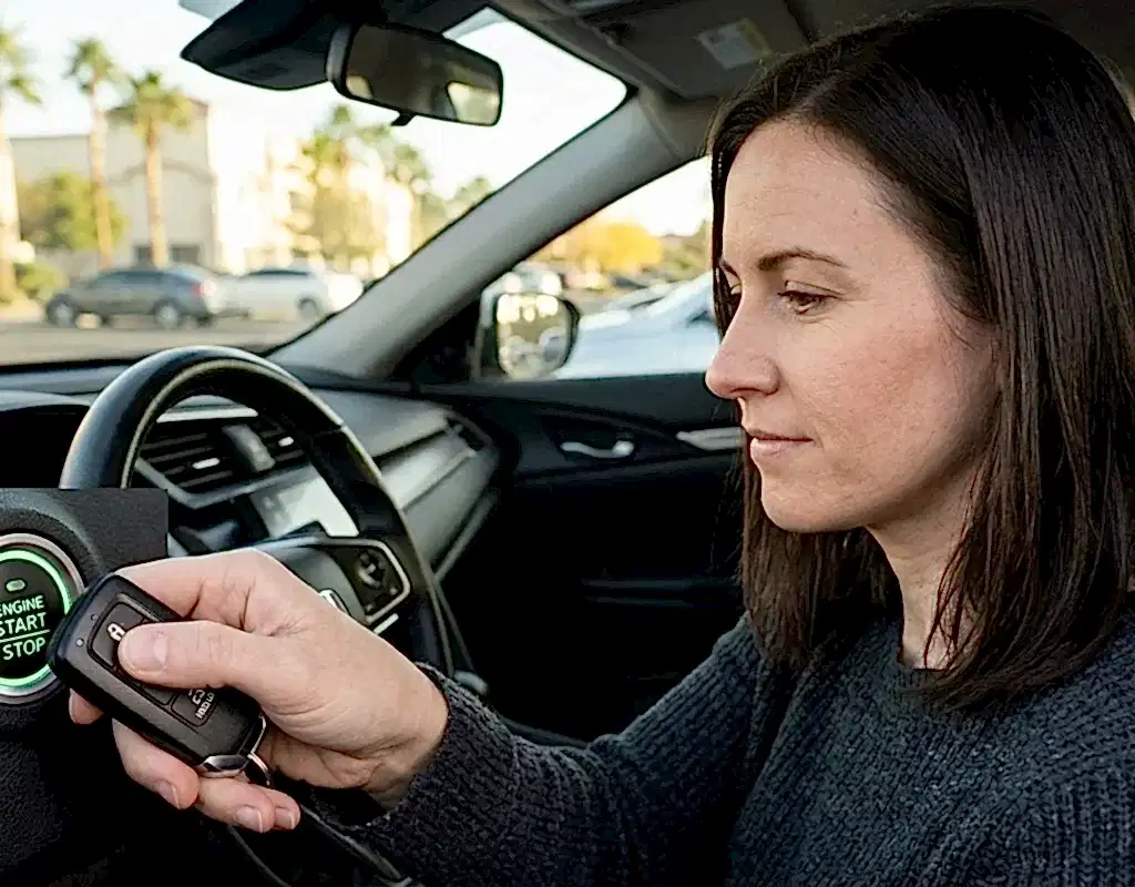 Driver holding a key fob against the push start button of a car that cannot detect the key