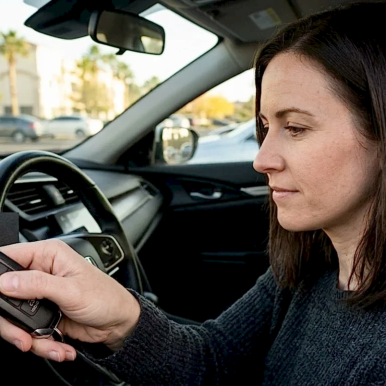 Driver holding a key fob against the push start button of a car that cannot detect the key